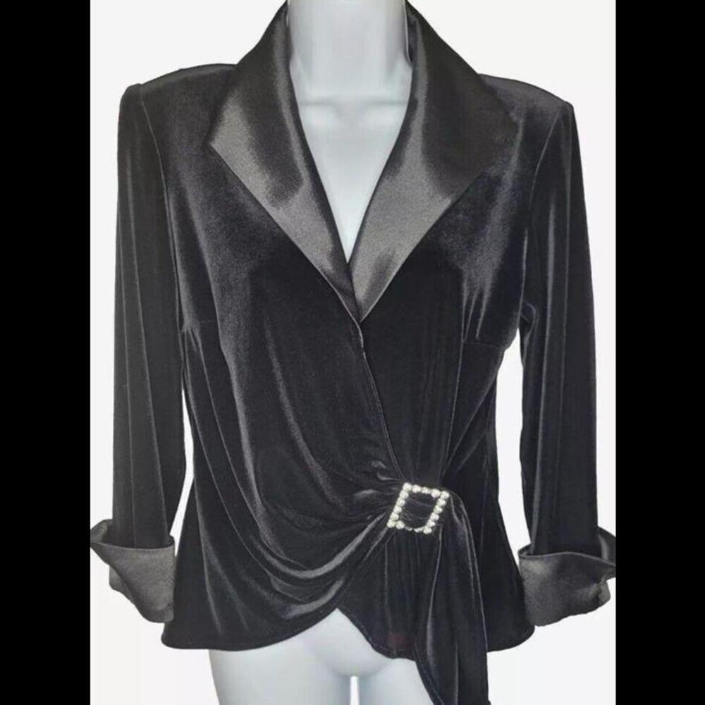 👠👚🖤JR Nites Sz 6 Black Velvet Evening Blazer Jacket Satin Collar